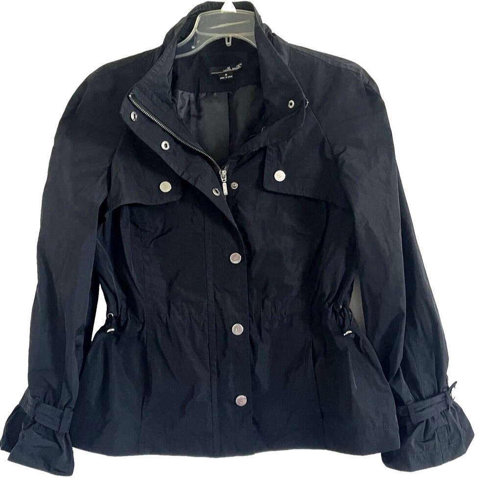WILLI SMITH sz M Solid Black Trench Jacket Zip Snap Pockets Epaulettes Basic